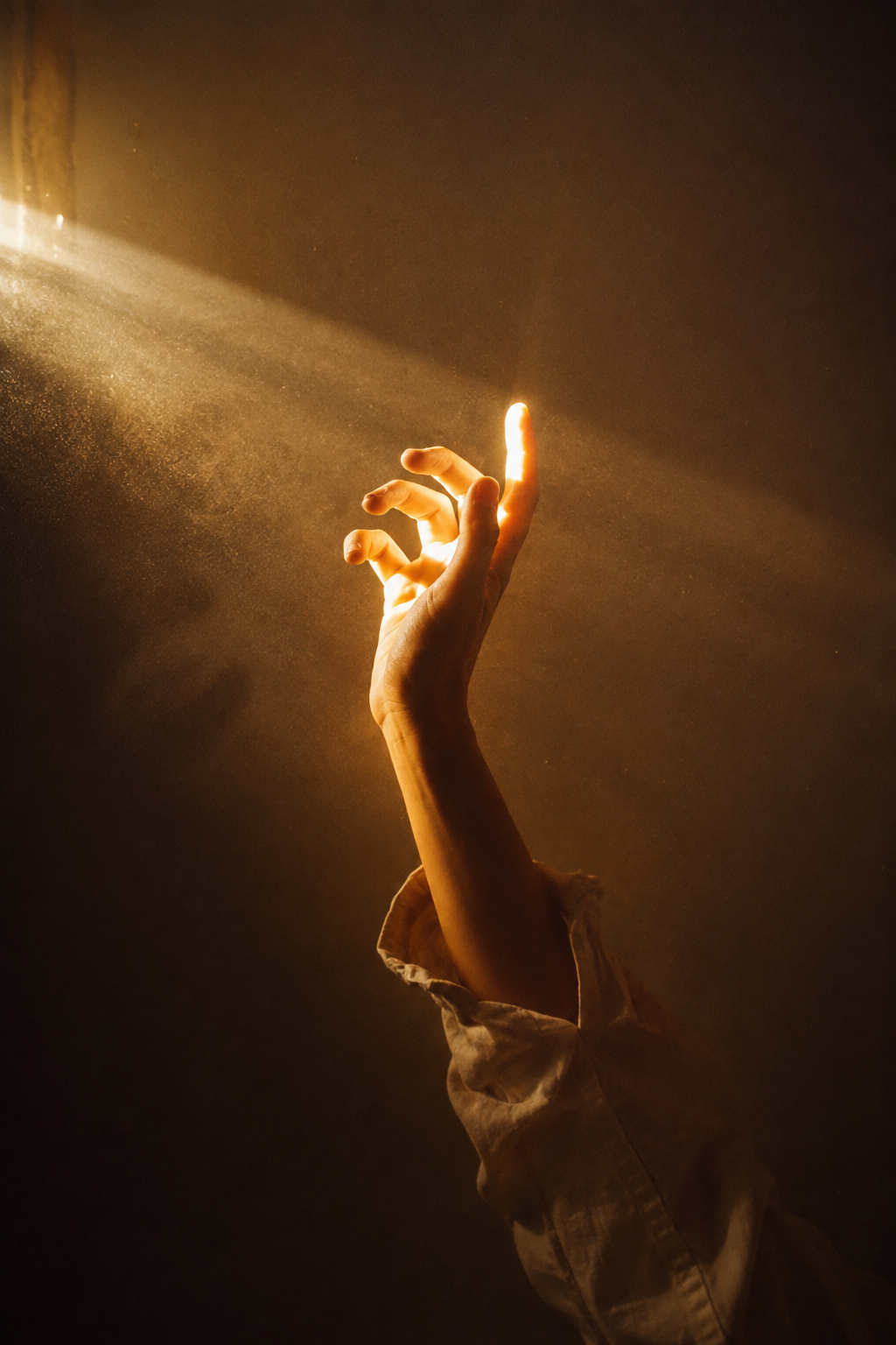 Hand reaching into a beam of light